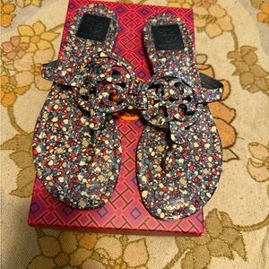 Tory Burch Red and Blue Printed Miller Sandals Box Label